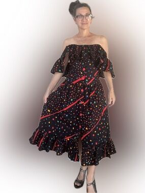 Vtg 80s Bill Blass party cha cha Black Midi Dress Multicolor Polka Dot Print 6